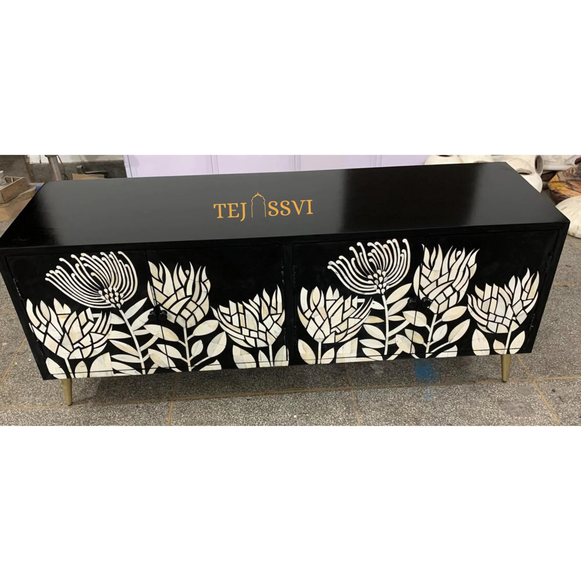 Handmade Bone Inlay Floral Pettern Media Cabinet TV Stand with Storage / Bone Inlay Luxury Furniture / Bone Inlay Console / Luxury Cabinet.