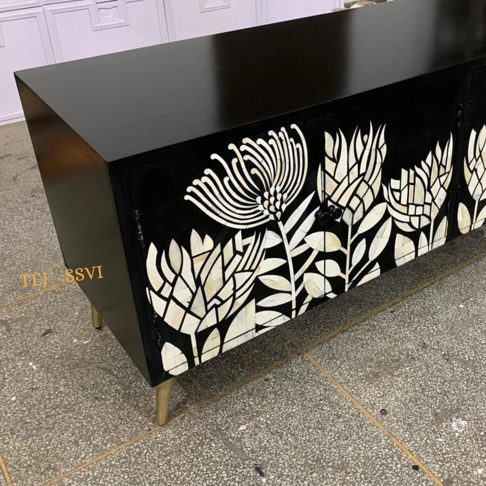 Handmade Bone Inlay Floral Pettern Media Cabinet TV Stand with Storage / Bone Inlay Luxury Furniture / Bone Inlay Console / Luxury Cabinet.