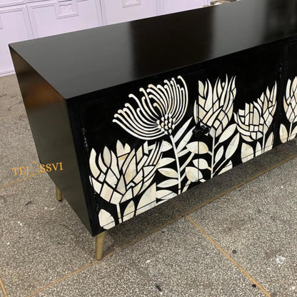Handmade Bone Inlay Media Cabinet: Floral TV Stand with Storage/ bone inlay luxury furniture / bone inlay console /luxury cabinet .