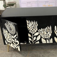 Handmade Bone Inlay Floral Pettern Media Cabinet TV Stand with Storage / Bone Inlay Luxury Furniture / Bone Inlay Console / Luxury Cabinet.