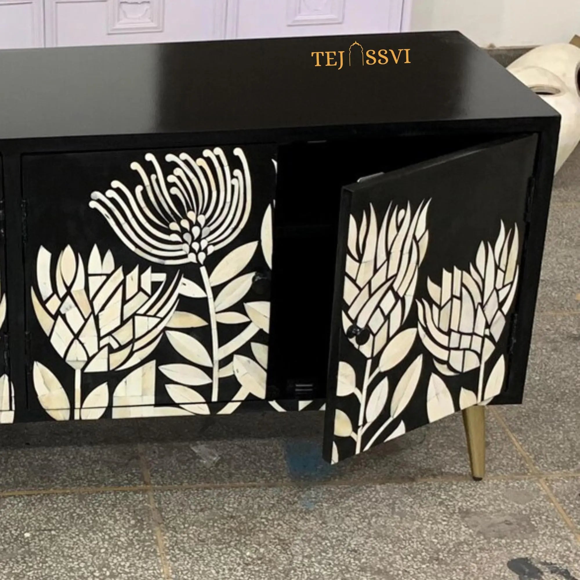 Handmade Bone Inlay Floral Pettern Media Cabinet TV Stand with Storage / Bone Inlay Luxury Furniture / Bone Inlay Console / Luxury Cabinet.