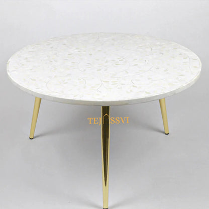 BONE Inlay Round Coffee Table / Centre Table, Bone Inlay Floral Round Coffee Table Handmade Bone Inlay Modern Pattern Furniture.