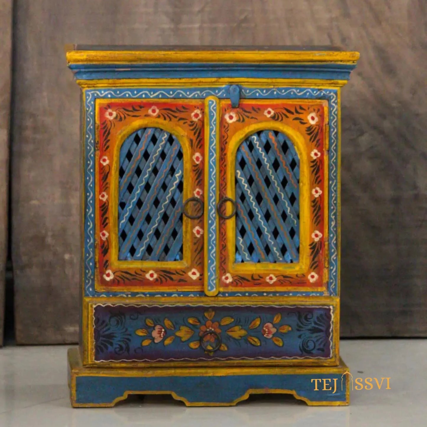 Indian Floral Designed Side Storage | Wooden Cabinet | Side Table | Hand Painted | Wooden Big Cabinet | Living Room Furniture.