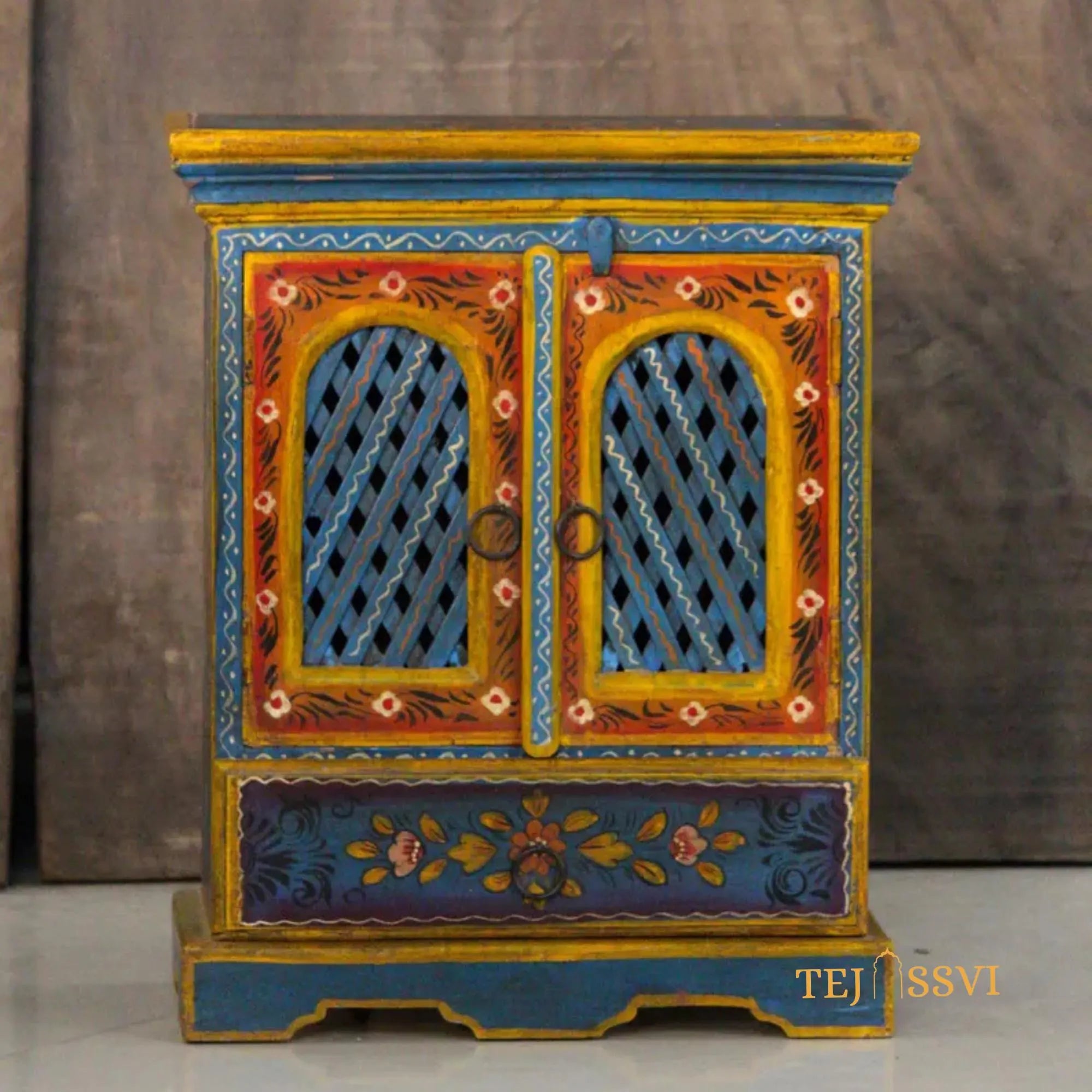Indian Floral Designed Side Storage | Wooden Cabinet | Side Table | Hand Painted | Wooden Big Cabinet | Living Room Furniture.