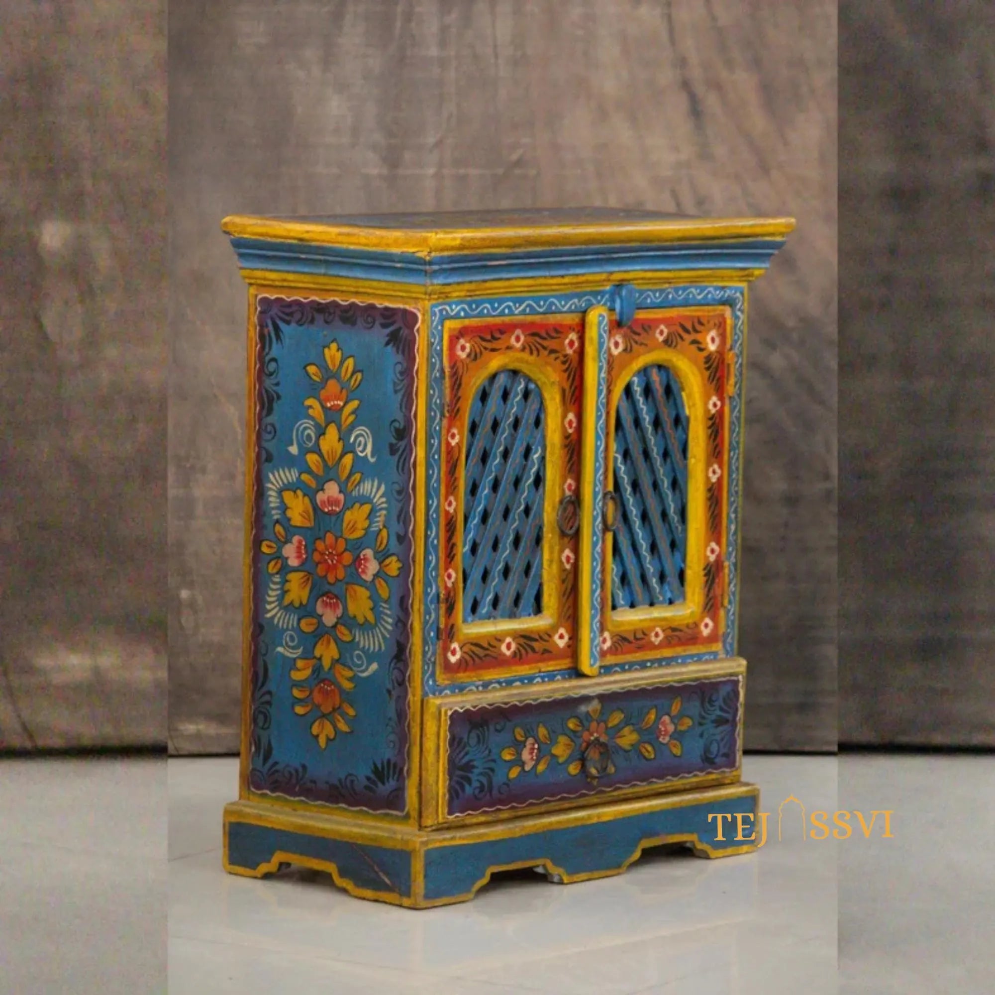 Indian Floral Designed Side Storage | Wooden Cabinet | Side Table | Hand Painted | Wooden Big Cabinet | Living Room Furniture.