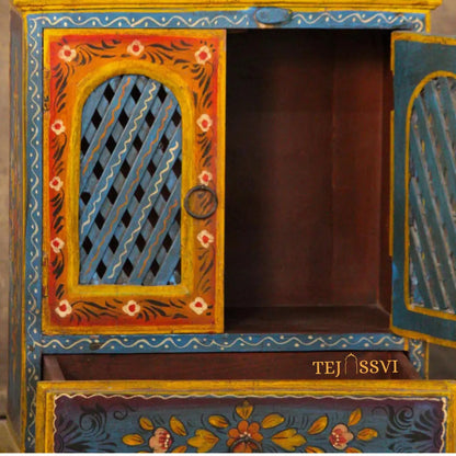 Indian Floral Designed Side Storage | Wooden Cabinet | Side Table | Hand Painted | Wooden Big Cabinet | Living Room Furniture.