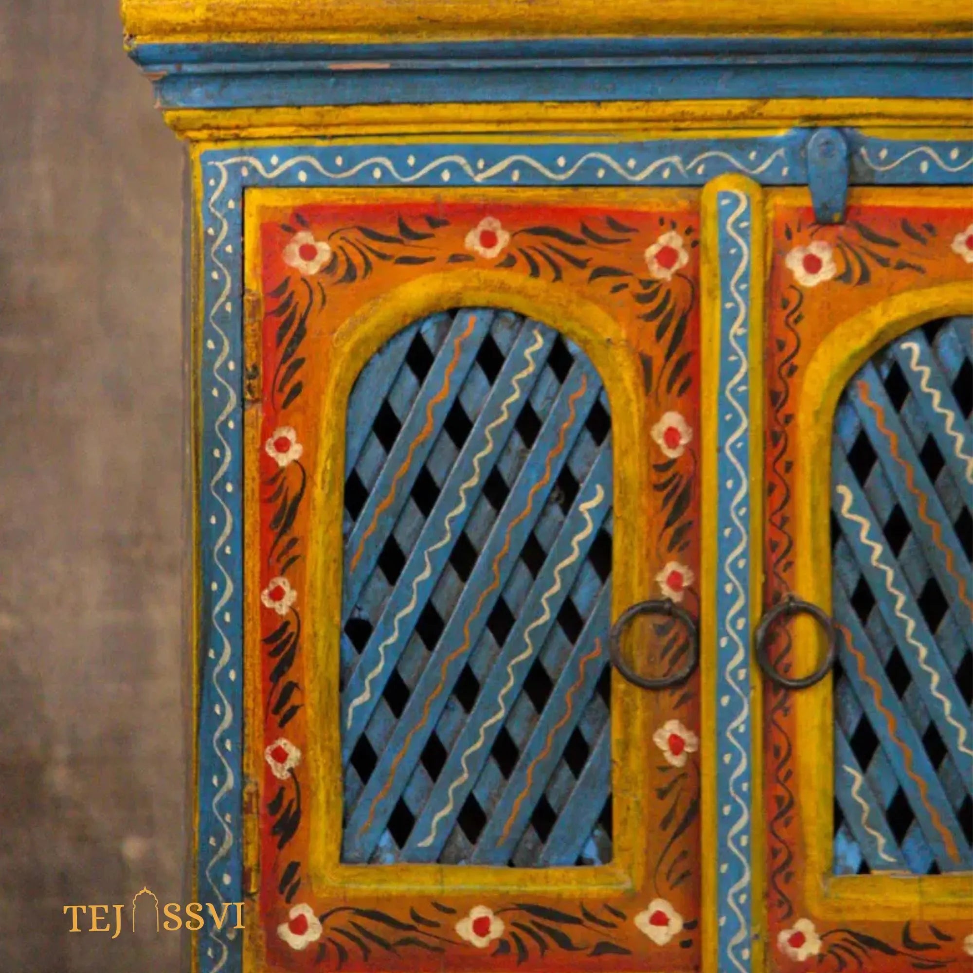 Indian Floral Designed Side Storage | Wooden Cabinet | Side Table | Hand Painted | Wooden Big Cabinet | Living Room Furniture.