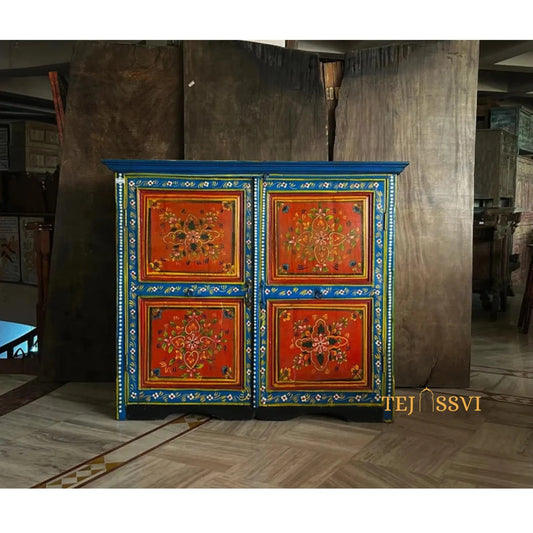Indian Floral designed Side Storage / Cabinet | Bedside, Side Table, Hand Painted, Wooden Big Cabinet, Living Room Furniture, Fine Panting