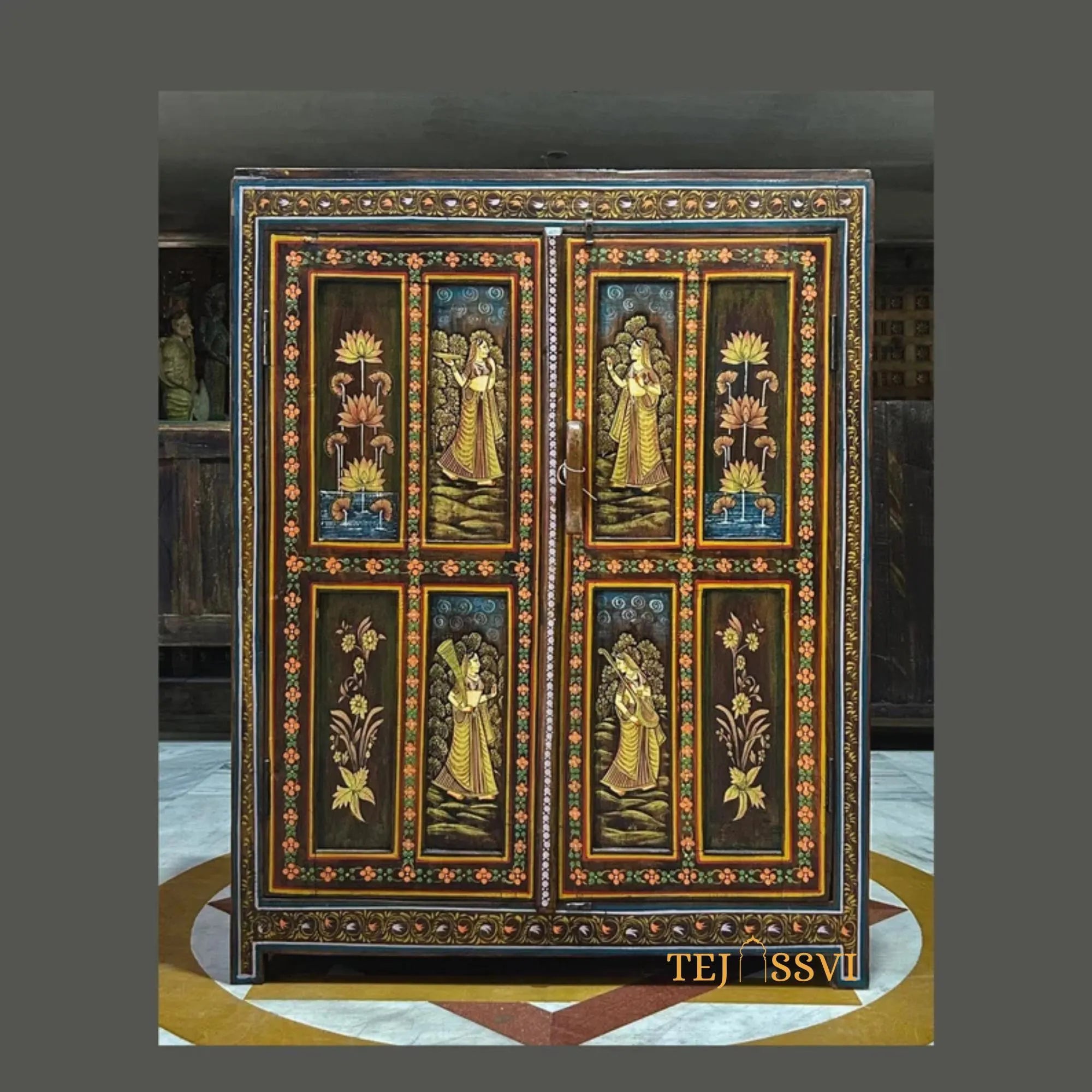 Antique Hand-Painted Wooden Indian Ethnic Cabinet  / Vintage Wooden Sideboard - Rustic Charm for Your Home | Entryway Table | Storage Cupboard.