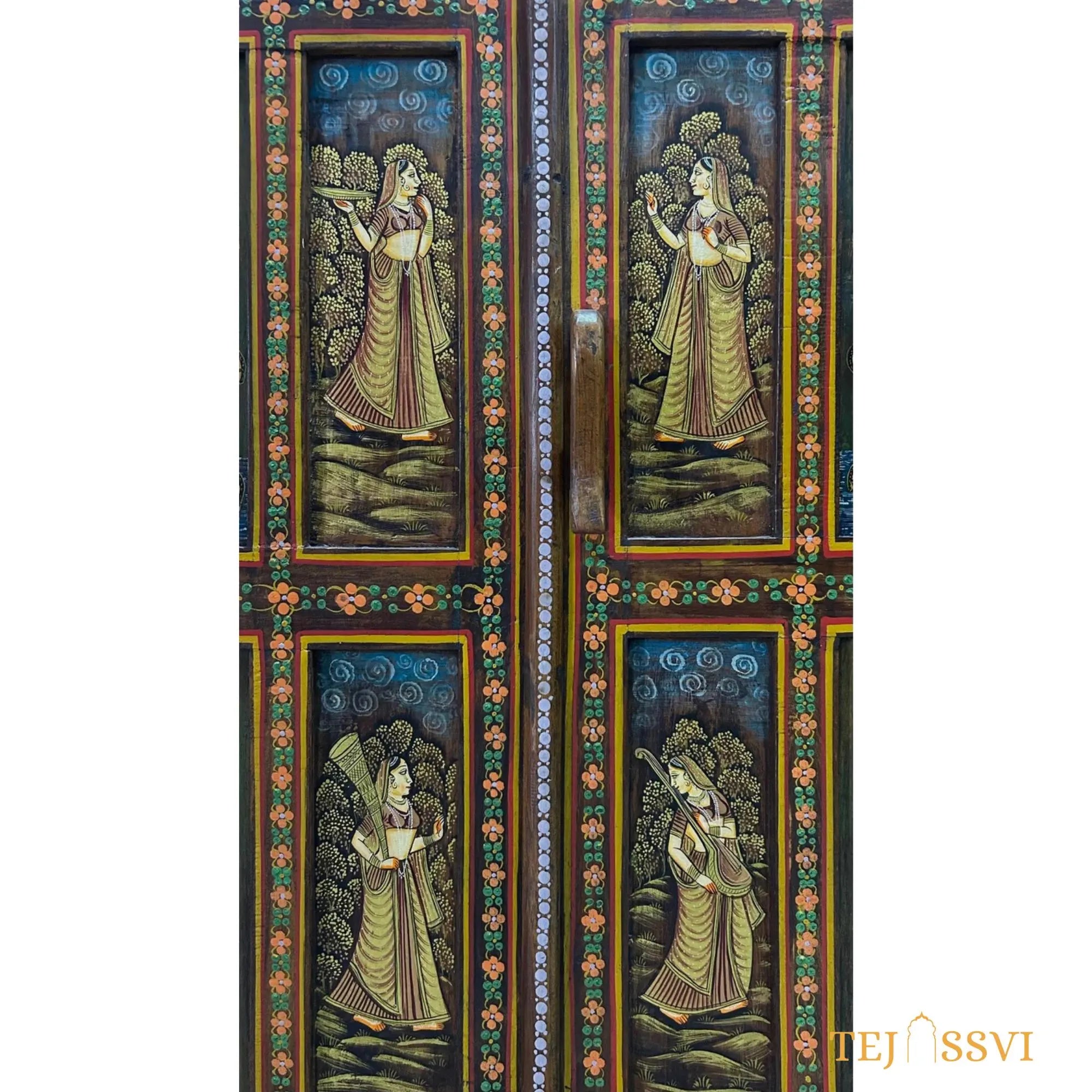 Antique Hand-Painted Wooden Indian Ethnic Cabinet  / Vintage Wooden Sideboard - Rustic Charm for Your Home | Entryway Table | Storage Cupboard.