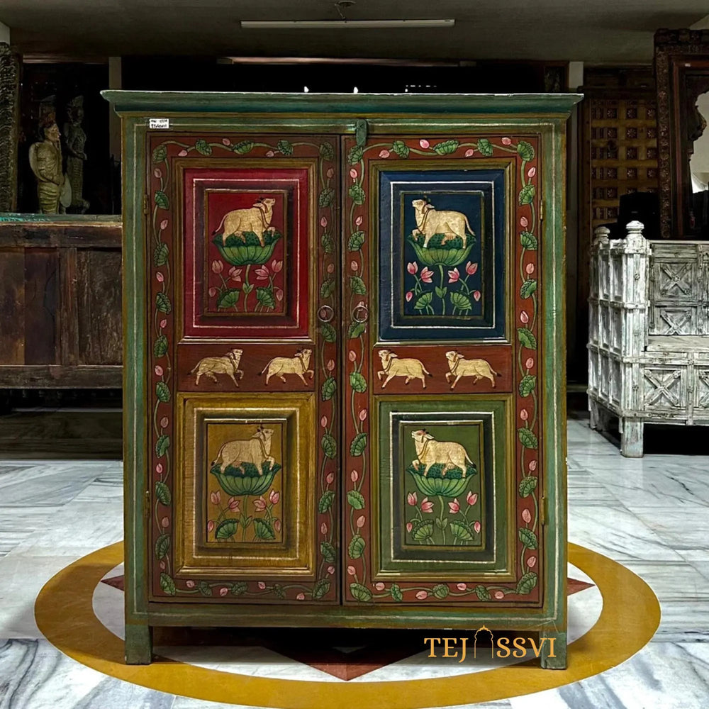 Antique Hand-Painted Indian Cabinet / Wooden Rustic Ethnic Sideboard / wooden Hand Painted Cabinet / Wooden Big Sideboards.