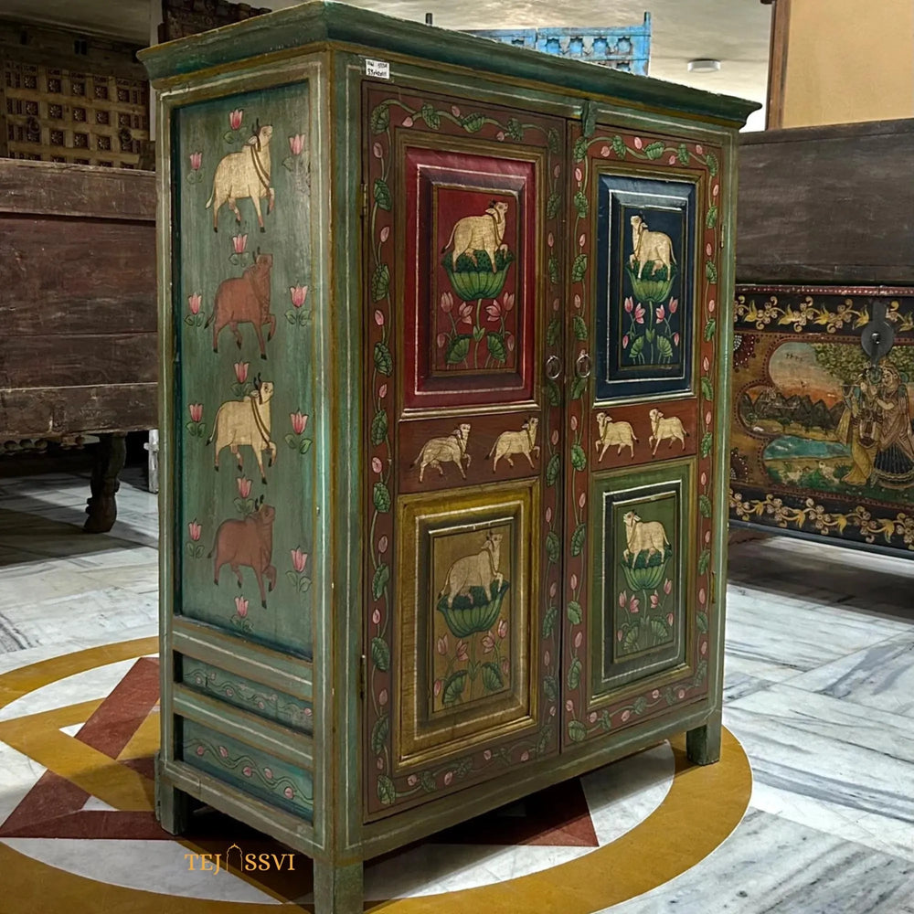 Antique Hand-Painted Indian Cabinet / Wooden Rustic Ethnic Sideboard / wooden Hand Painted Cabinet / Wooden Big Sideboards.