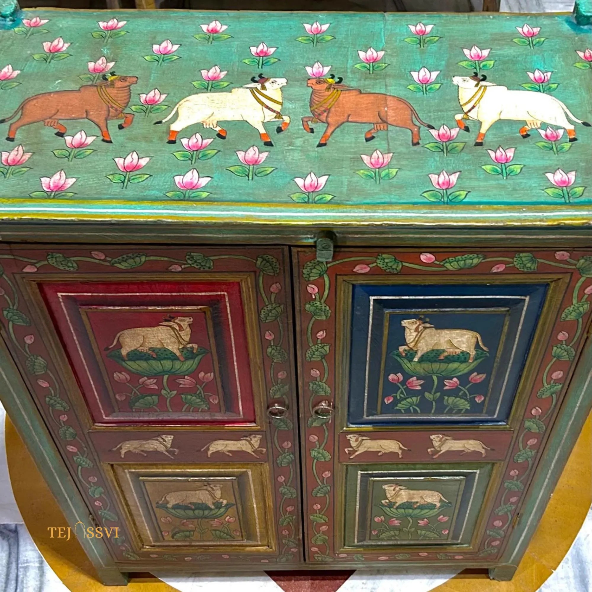 Antique Hand-Painted Indian Cabinet / Wooden Rustic Ethnic Sideboard / wooden Hand Painted Cabinet / Wooden Big Sideboards.