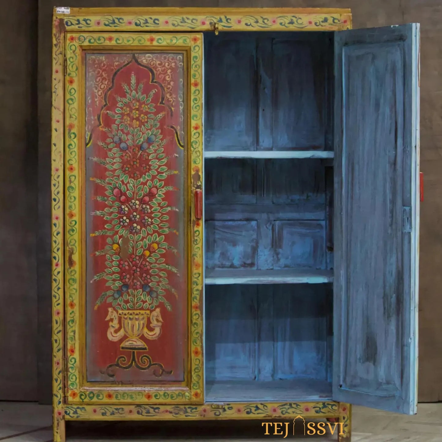 Hand-Painted Floral Cabinet: Rustic Red Bohemian Storage Cupboard/Wooden side boards / wooden console / handpainted sideboards .