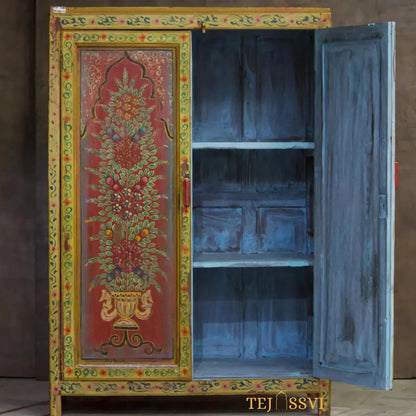 Hand-Painted Floral Cabinet: Rustic Red Bohemian Storage Cupboard/Wooden side boards / wooden console / handpainted sideboards .