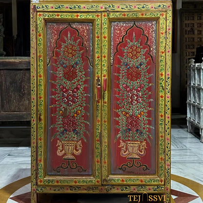 Hand-Painted Floral Cabinet: Rustic Red Bohemian Storage Cupboard/Wooden side boards / wooden console / handpainted sideboards .