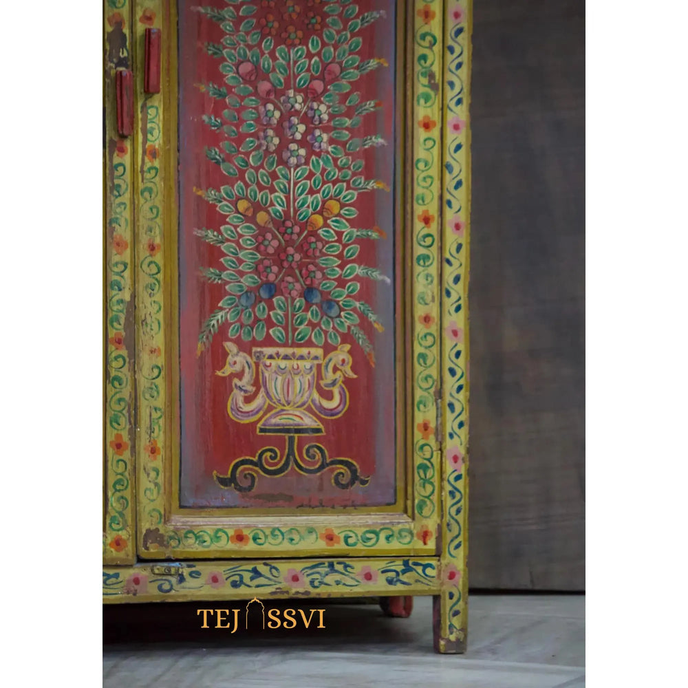 Hand-Painted Floral Cabinet Rustic Red Bohemian Storage Cupboard / Wooden side boards / Wooden Console / Hand Painted Sideboards .