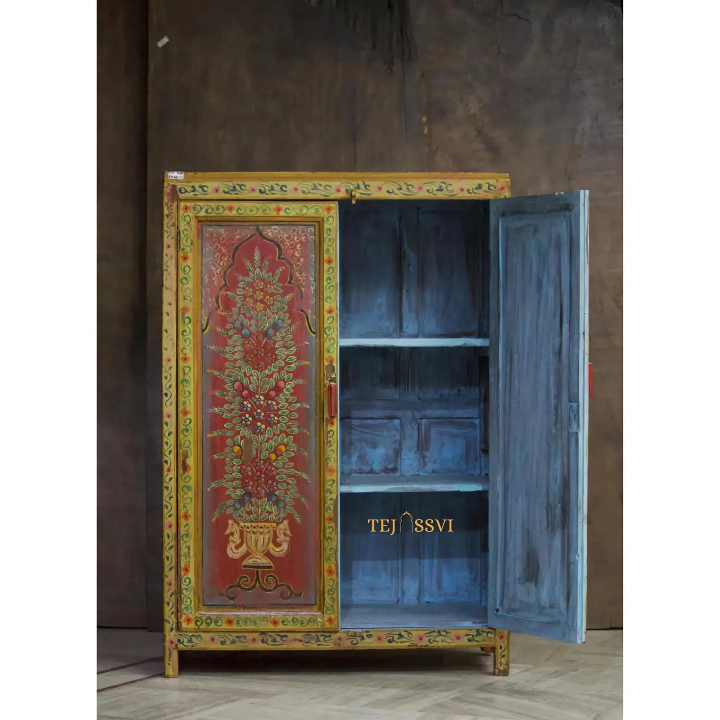 Hand-Painted Floral Cabinet: Rustic Red Bohemian Storage Cupboard/Wooden side boards / wooden console / handpainted sideboards .