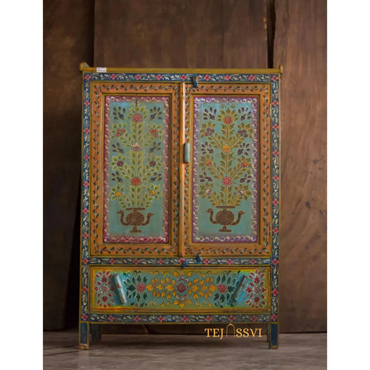 Wooden Console Table, Floral Painted Sideboard, Vintage Home Decor Storage Cabinet, Living Room Furniture, Indian Ethnic Style Wardrobe.