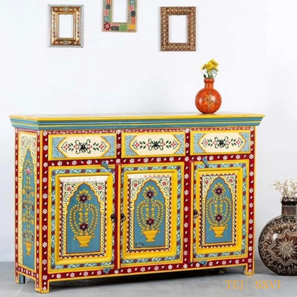 Wooden Indian Floral designed Side Storage / Cabinet | Bedside, Side Table, Hand Painted, Wooden Big Cabinet, Living Room Furniture, Fine Panting.