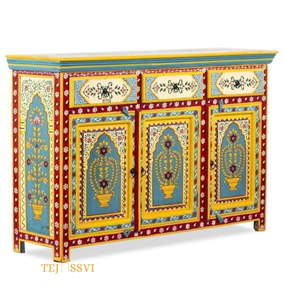 Wooden Indian Floral designed Side Storage / Cabinet | Bedside, Side Table, Hand Painted, Wooden Big Cabinet, Living Room Furniture, Fine Panting.