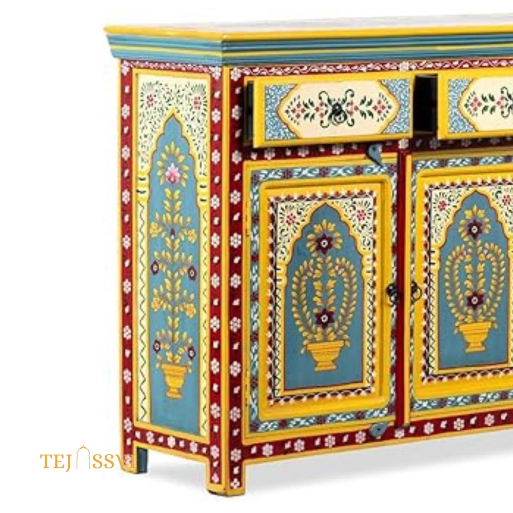 Wooden Indian Floral designed Side Storage / Cabinet | Bedside, Side Table, Hand Painted, Wooden Big Cabinet, Living Room Furniture, Fine Panting.