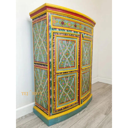 Aqua & Red Painted Bow Fronted Cupboard / Side Storage / Cabinet | Bedside, Side Table, Hand Painted, Wooden Big Cabinet/ Vintage Cabinet..