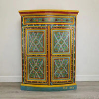 Aqua & Red Painted Bow Fronted Cupboard / Side Storage / Cabinet | Bedside, Side Table, Hand Painted, Wooden Big Cabinet/ Vintage Cabinet..