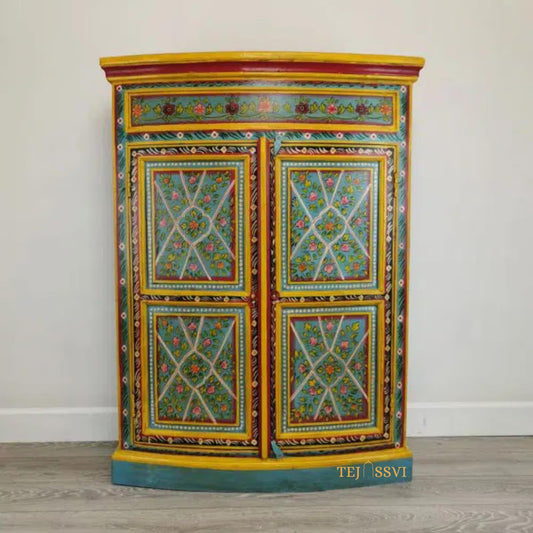 Aqua & Red Painted Bow Fronted Cupboard / Side Storage / Cabinet | Bedside, Side Table, Hand Painted, Wooden Big Cabinet/ Vintage Cabinet..