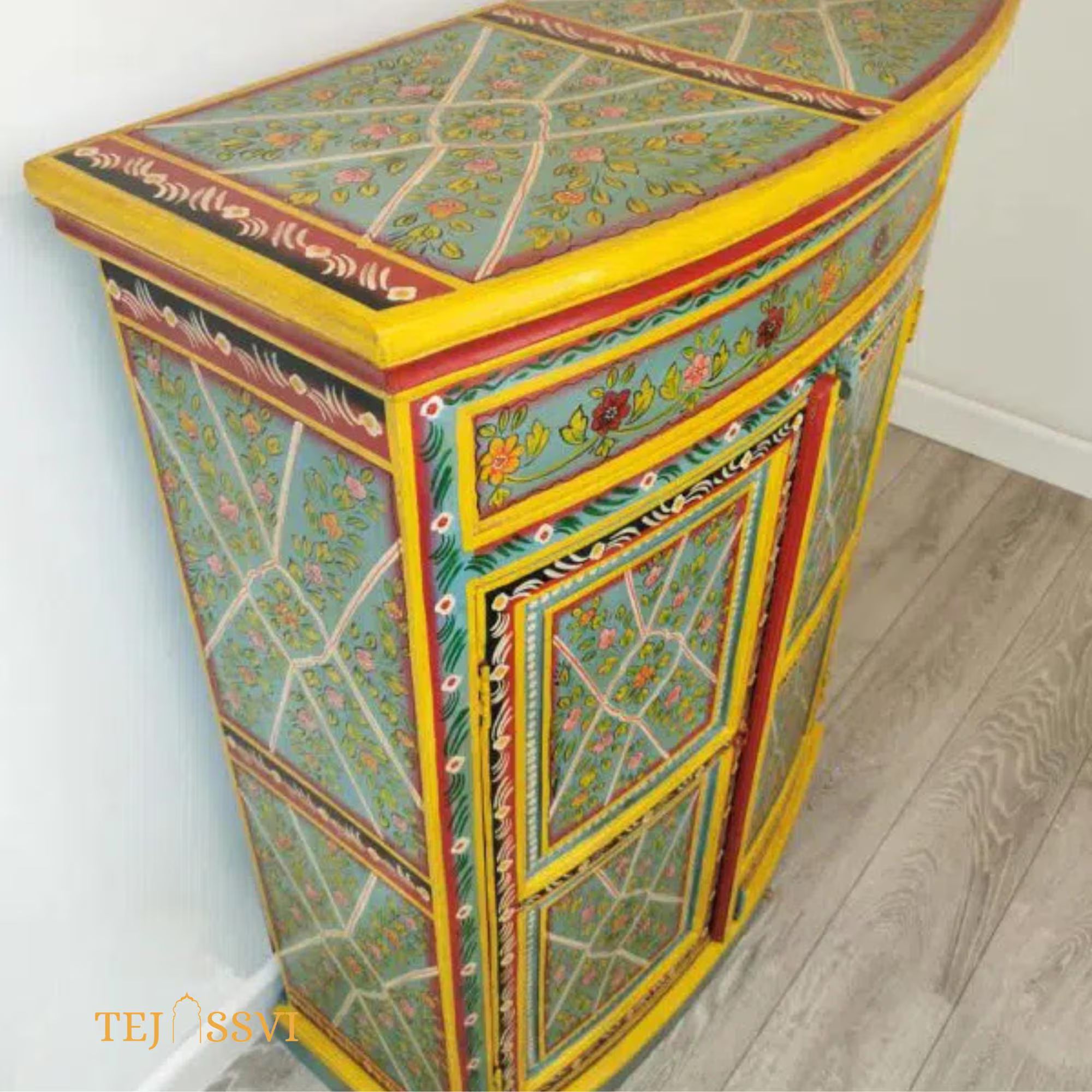 Aqua & Red Painted Bow Fronted Cupboard / Side Storage / Cabinet | Bedside, Side Table, Hand Painted, Wooden Big Cabinet/ Vintage Cabinet..