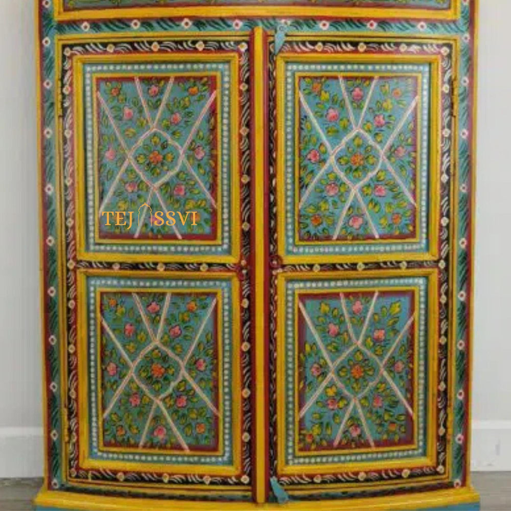 Aqua & Red Painted Bow Fronted Cupboard / Side Storage / Cabinet | Bedside, Side Table, Hand Painted, Wooden Big Cabinet/ Vintage Cabinet..