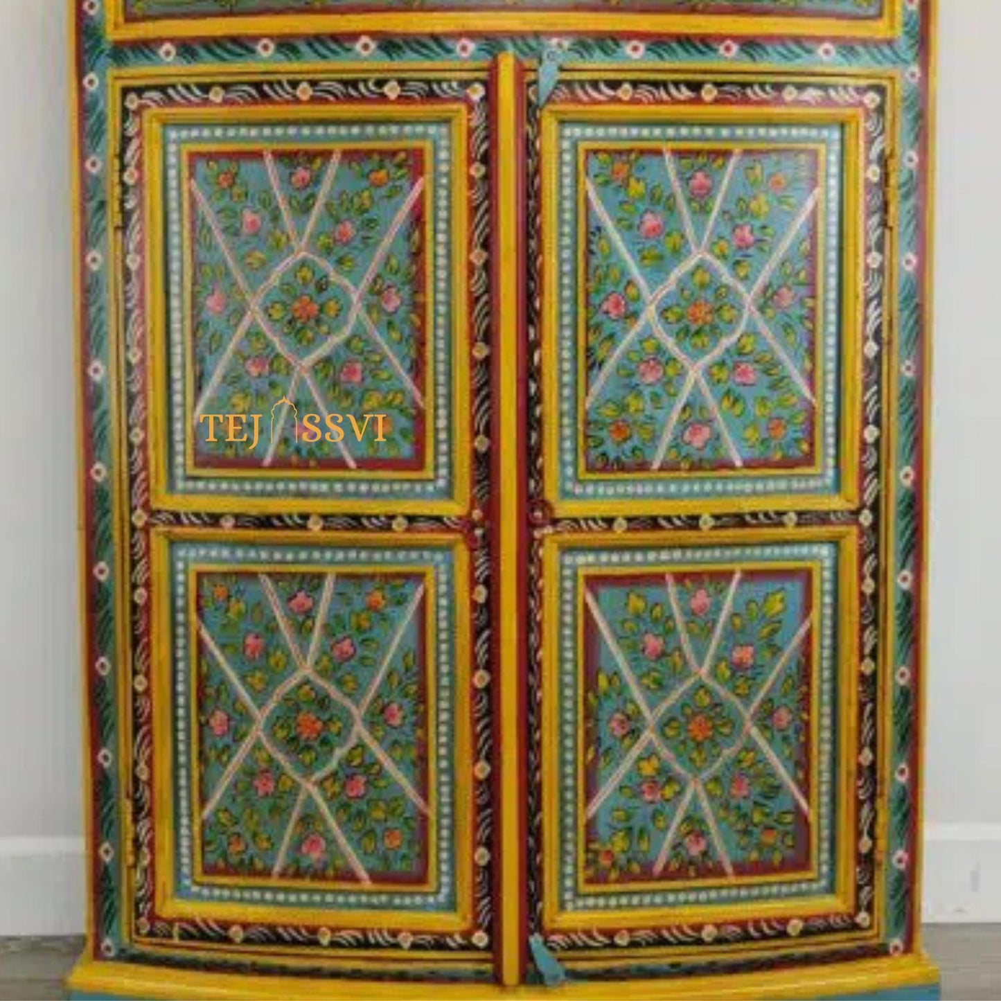 Aqua & Red Painted Bow Fronted Cupboard / Side Storage / Cabinet | Bedside, Side Table, Hand Painted, Wooden Big Cabinet/ Vintage Cabinet..