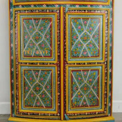 Aqua & Red Painted Bow Fronted Cupboard / Side Storage / Cabinet | Bedside, Side Table, Hand Painted, Wooden Big Cabinet/ Vintage Cabinet..