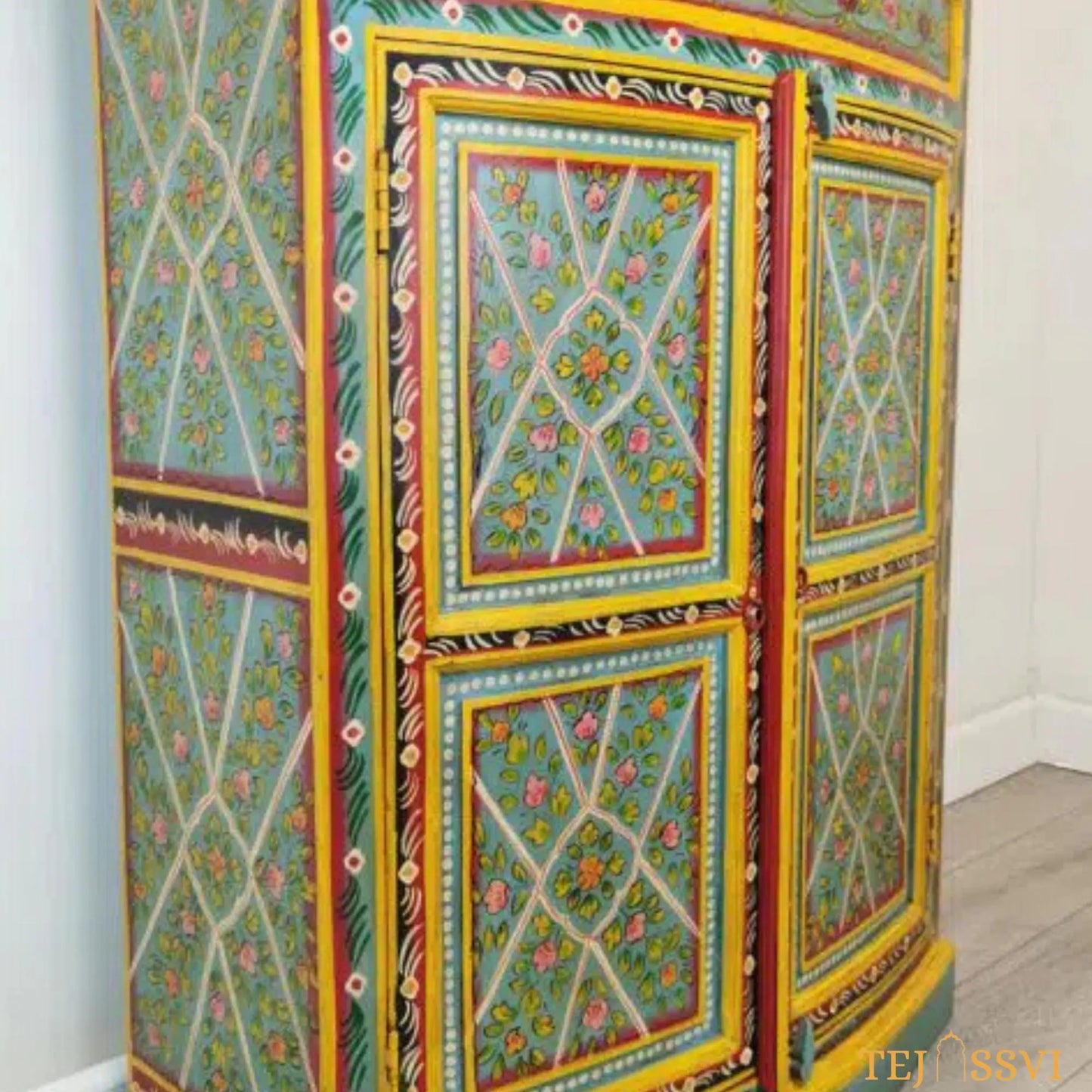 Aqua & Red Painted Bow Fronted Cupboard / Side Storage / Cabinet | Bedside, Side Table, Hand Painted, Wooden Big Cabinet/ Vintage Cabinet..