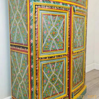 Aqua & Red Painted Bow Fronted Cupboard / Side Storage / Cabinet | Bedside, Side Table, Hand Painted, Wooden Big Cabinet/ Vintage Cabinet..