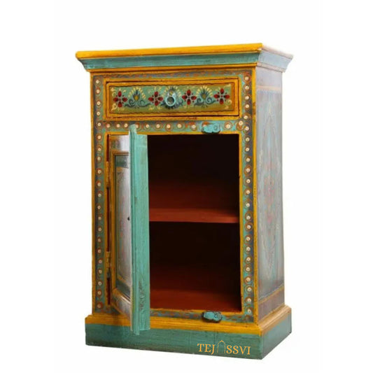 Indian Floral designed Side Storage / Cabinet | Bedside, Side Table, Hand Painted, Wooden Big Cabinet, Living Room Furniture, Fine Panting,