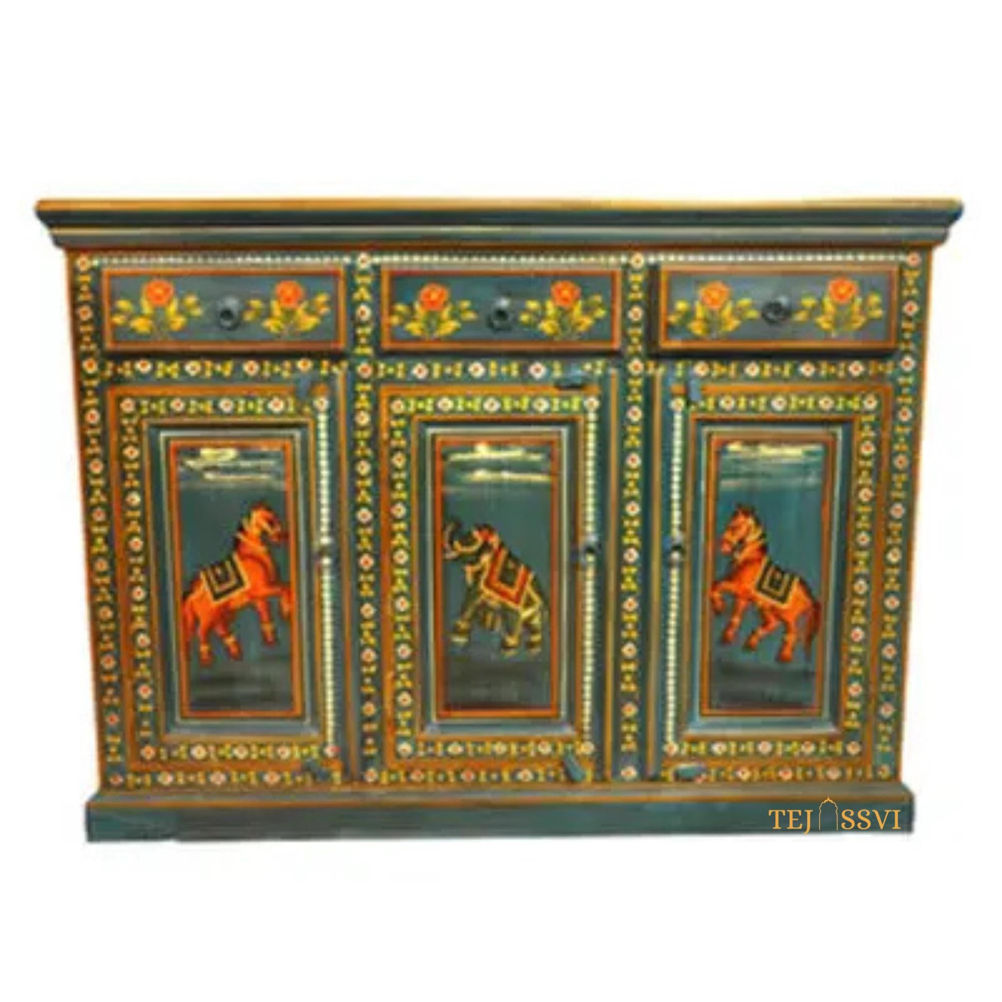 Hand Painted 3 Door Sideboard / Big Storage / Wooden Cabinet / Hand Painted Furniture / Wooden Big Cabinet / Vintage Cabinet.