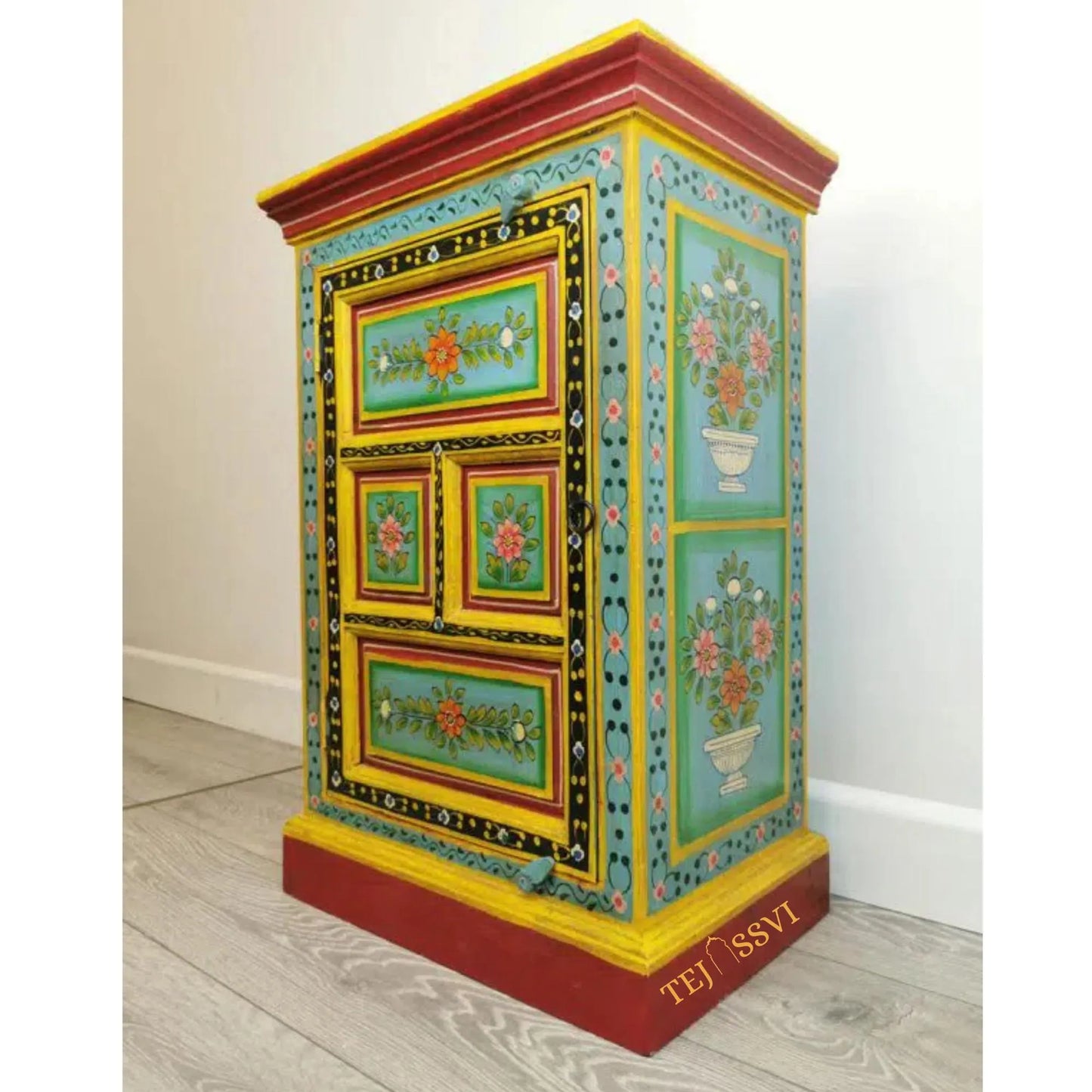 Hand Painted Vase Small Cupboard / Side Storage / Big Cabinet / Hand Painted Furniture / Wooden Big Cabinet / Vintage Cabinet.