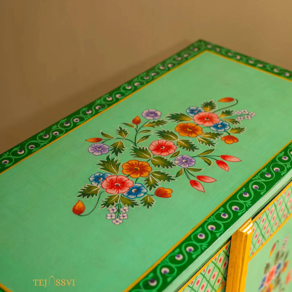 Green Floral Hand Painted Cupboard / Wooden Cabinet / Hand Painted Wooden Big Cabinet Living Room Furniture.