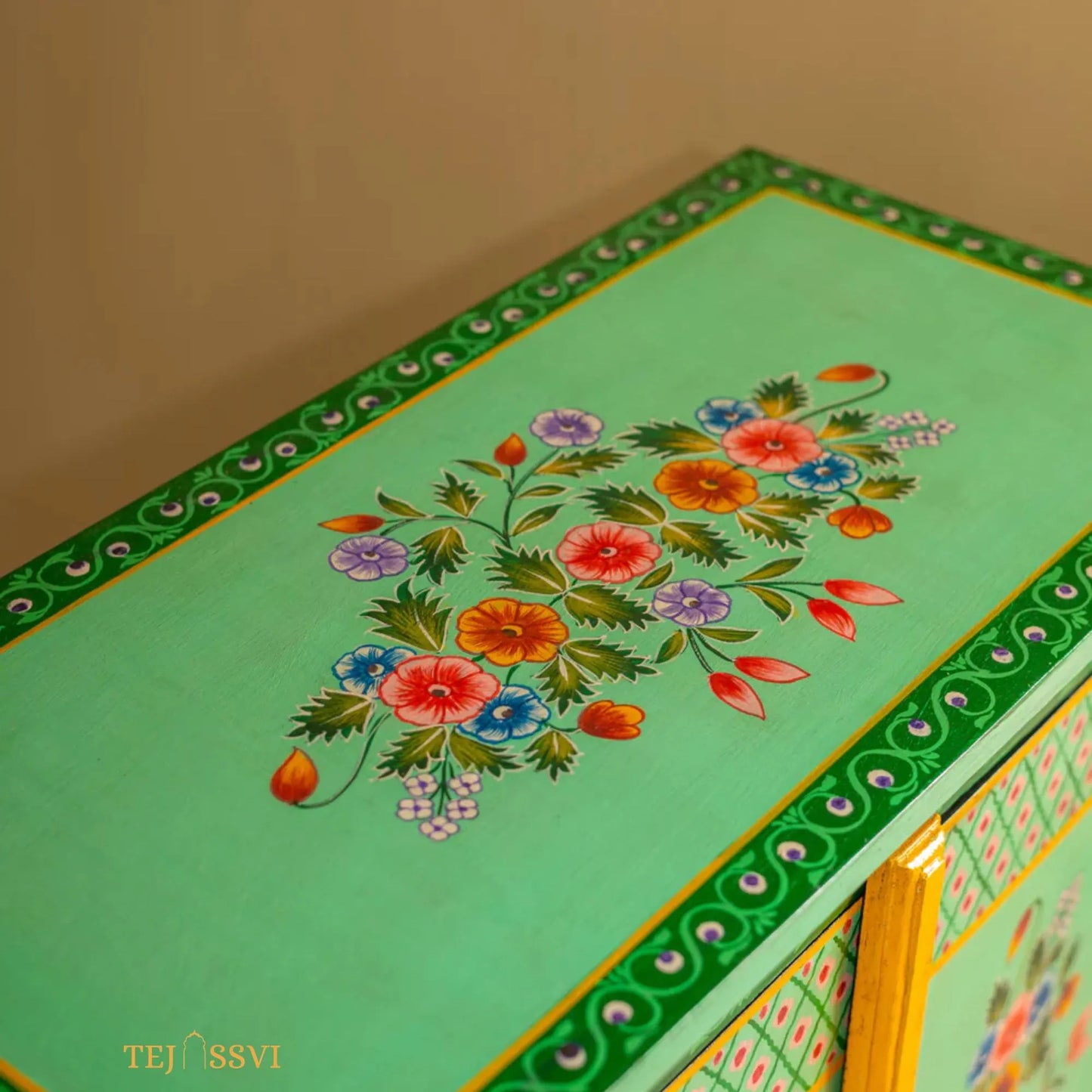 Green Floral Hand Painted Cupboard/ Cabinet | Bedside, Side Table, Hand Painted, Wooden Big Cabinet, Living Room Furniture, Fine Panting.