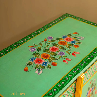 Green Floral Hand Painted Cupboard/ Cabinet | Bedside, Side Table, Hand Painted, Wooden Big Cabinet, Living Room Furniture, Fine Panting.