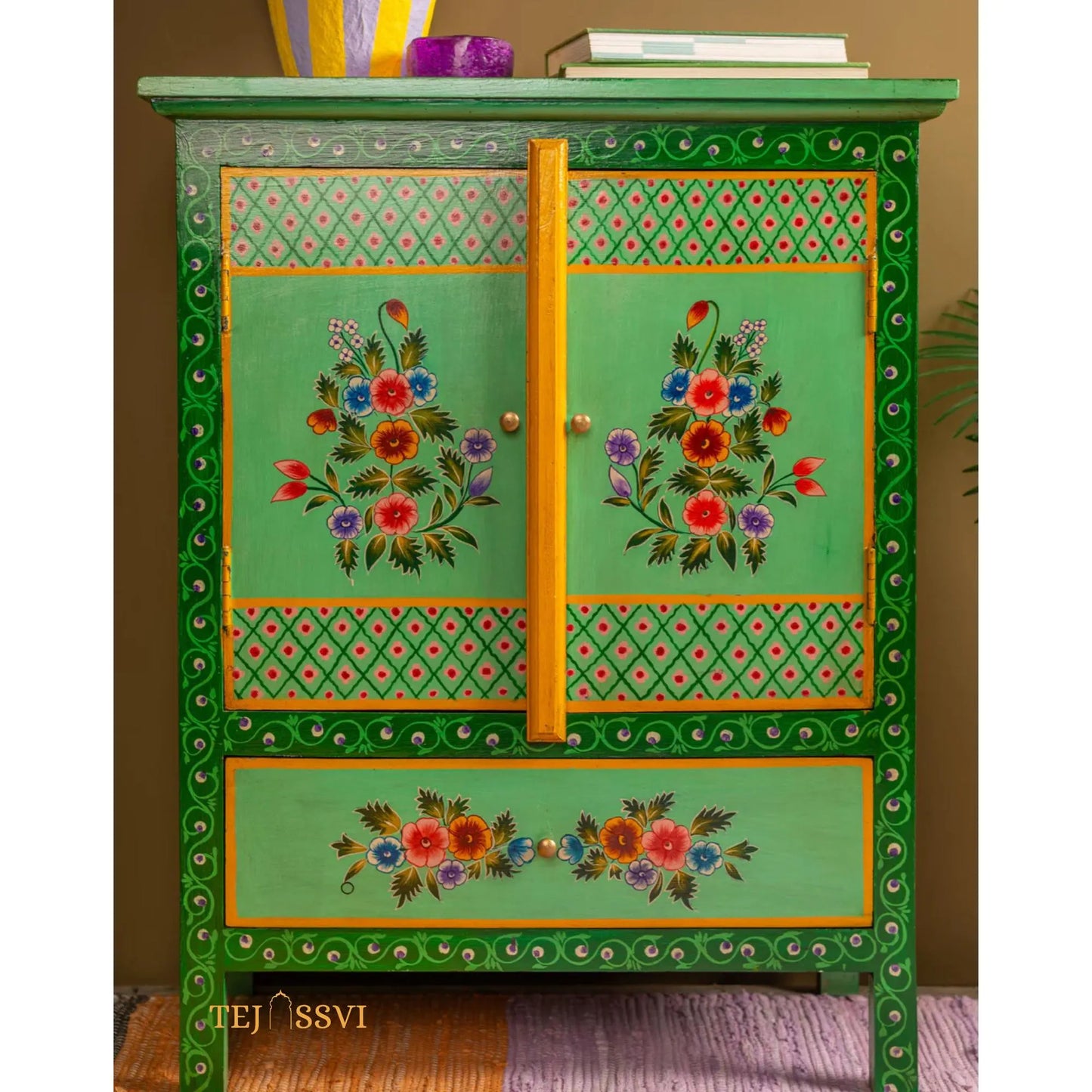 Green Floral Hand Painted Cupboard/ Cabinet | Bedside, Side Table, Hand Painted, Wooden Big Cabinet, Living Room Furniture, Fine Panting.