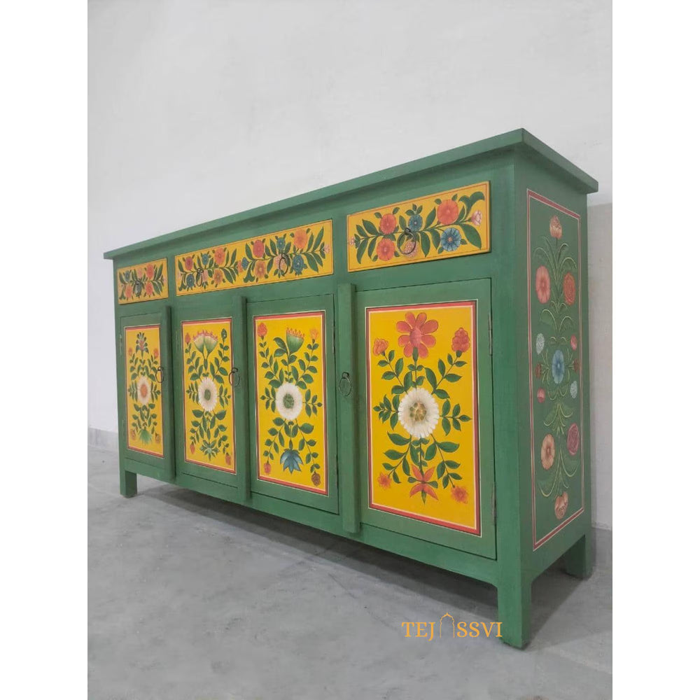 Green And Yellow Floral Hand Painted Sideboard for Storage Unit