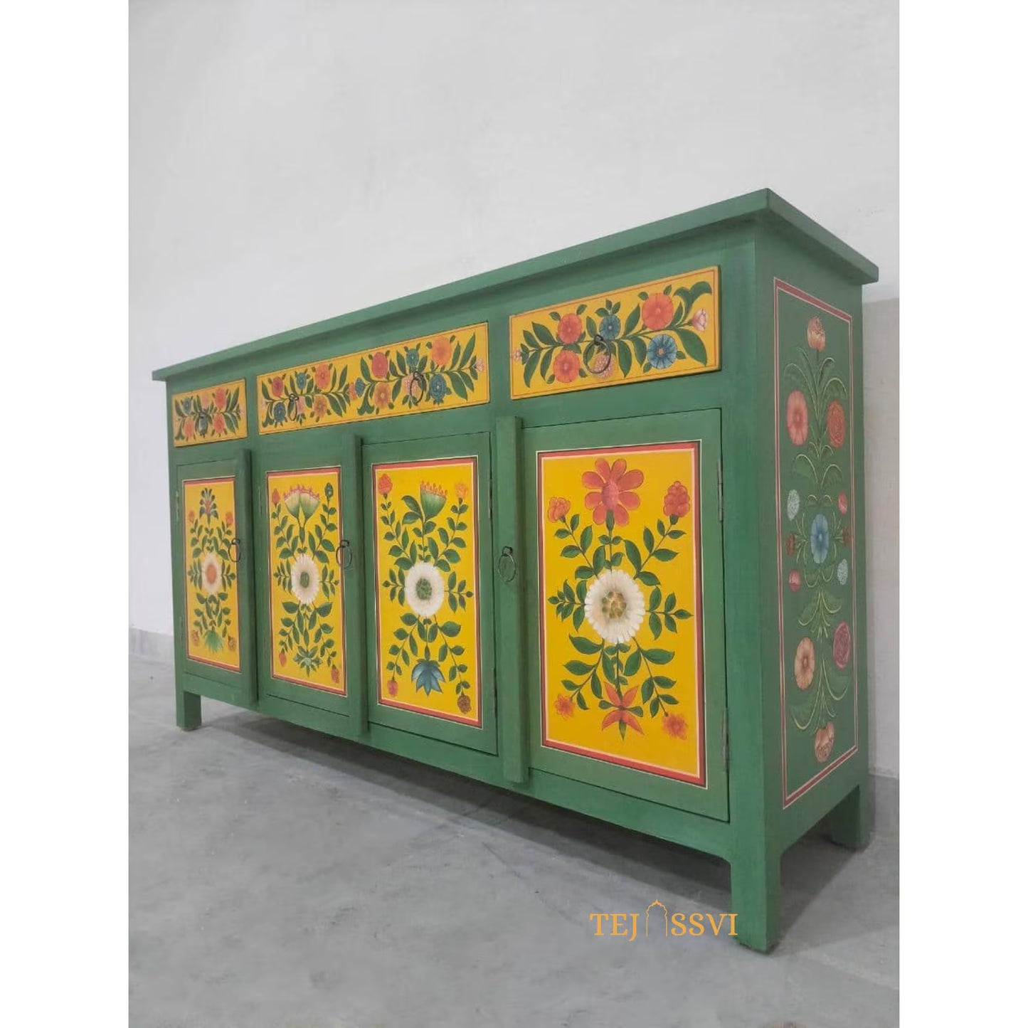 Green And Yellow Floral Hand Painted Sideboard for Storage Unit