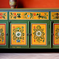 Green And Yellow Floral Hand Painted Sideboard for Storage Unit