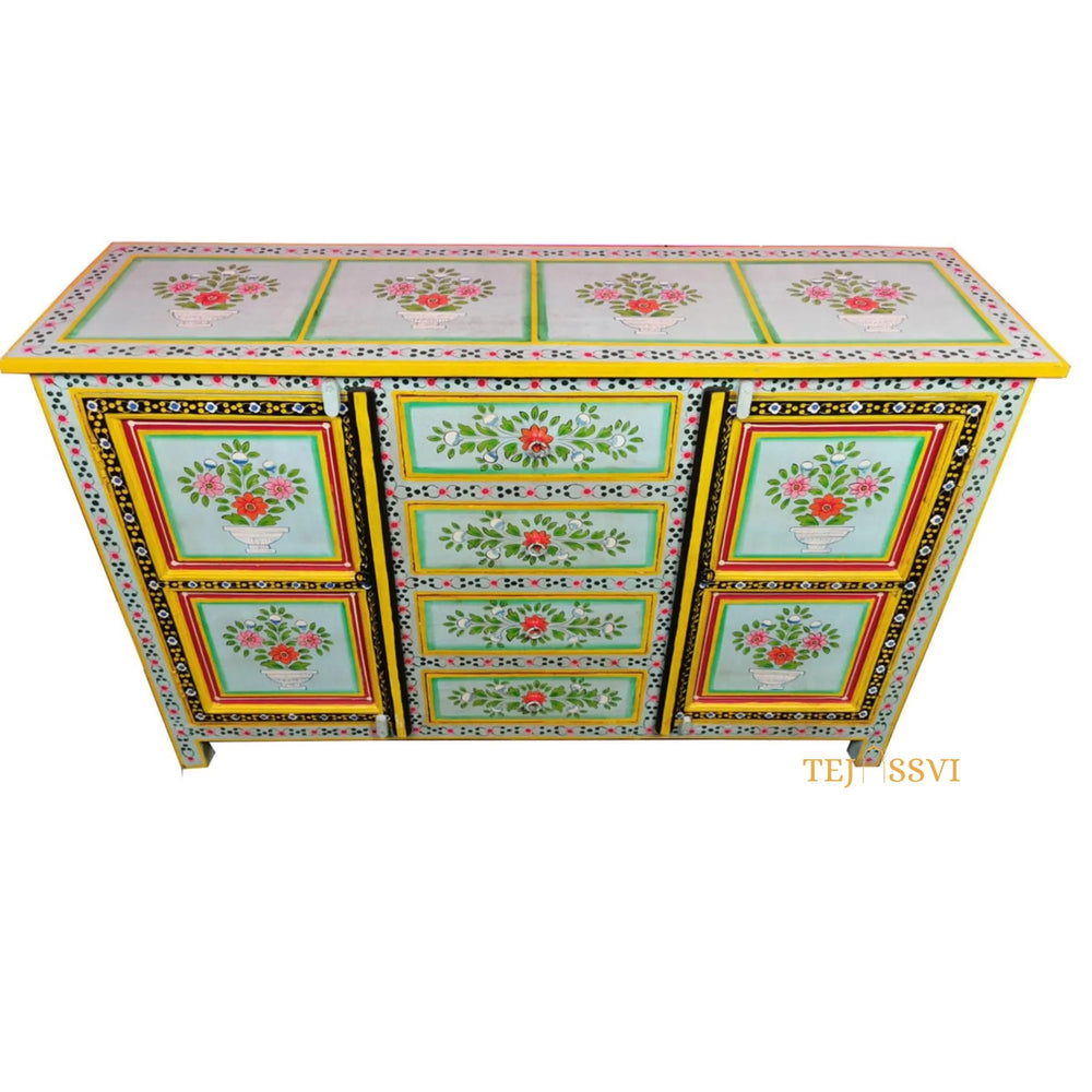 Wooden Floral Designed Side Storage / Wooden Cabinet / Hand Painted Wooden Big Cabinet for Living Room Furniture.
