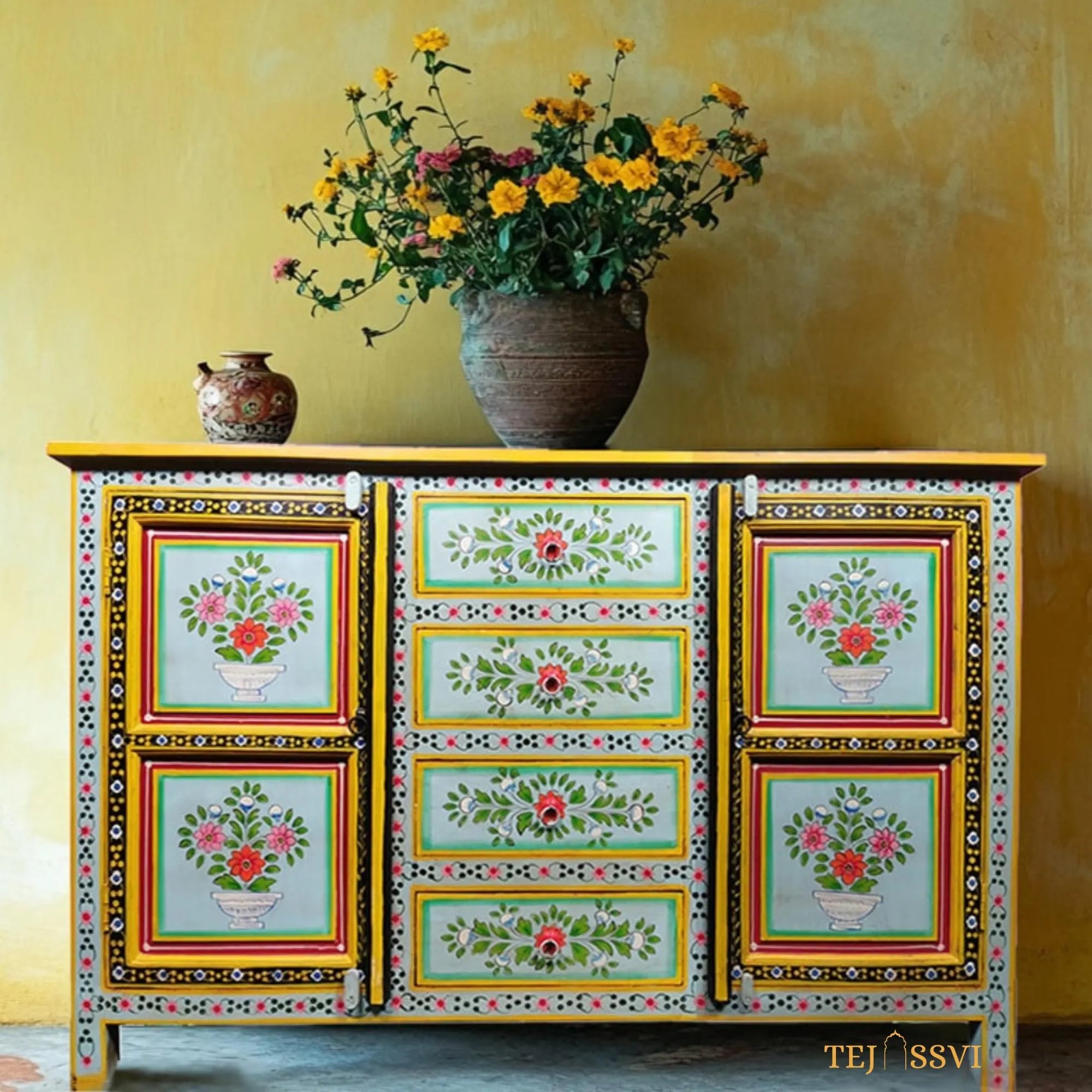 Wooden Floral Designed Side Storage / Wooden Cabinet / Hand Painted Wooden Big Cabinet for Living Room Furniture.