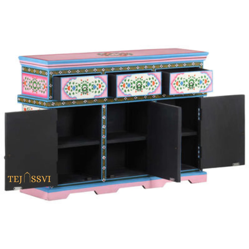 Blue and Pink Painted 3 Door Sideboard / Wooden Cabinet / Wooden Side Table / Wooden Hand Painted / Wooden Big Cabinet / Living Room Furniture / Hand Panting.