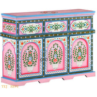 Blue and Pink Painted 3 Door Sideboard / Wooden Cabinet / Wooden Side Table / Wooden Hand Painted / Wooden Big Cabinet / Living Room Furniture / Hand Panting.