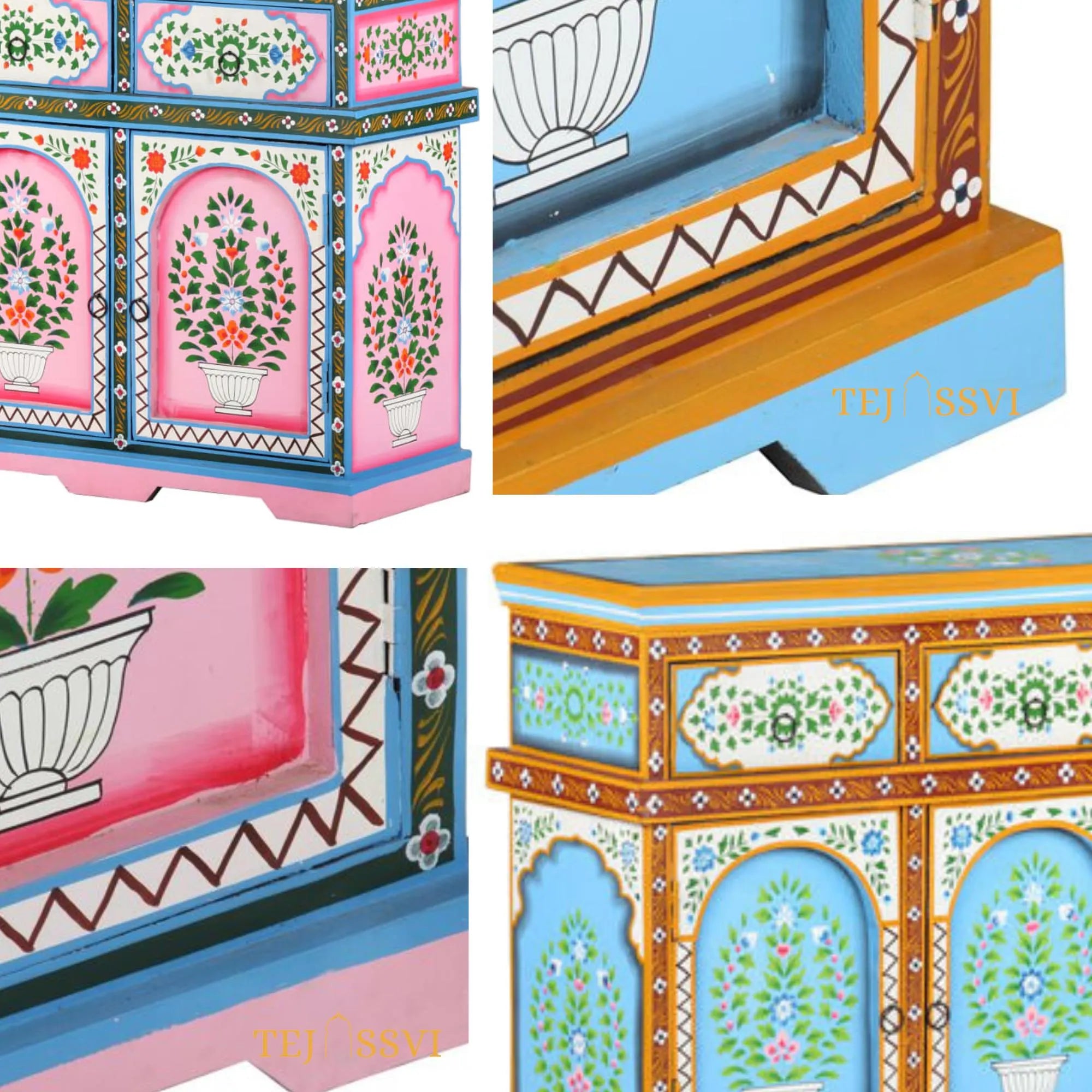 Blue and Pink Painted 3 Door Sideboard / Wooden Cabinet / Wooden Side Table / Wooden Hand Painted / Wooden Big Cabinet / Living Room Furniture / Hand Panting.